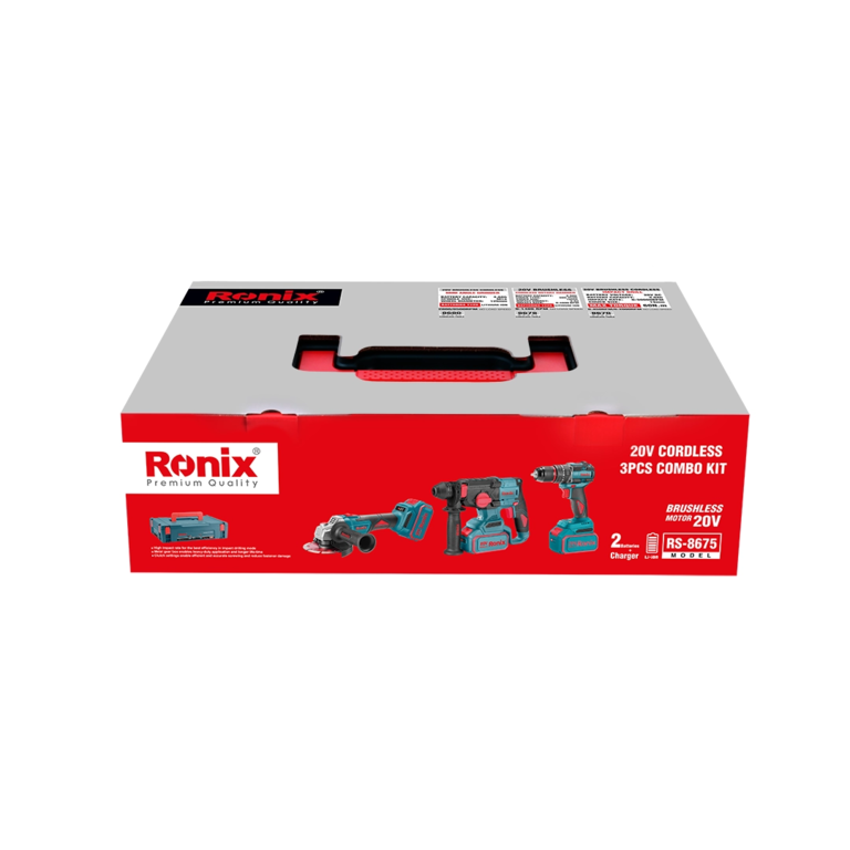 [RX-RS-8675] Ronix Akku-Kombiset 20 V (Schlagbohrschrauber, Bohrhammer und Mini-Winkelschleif
