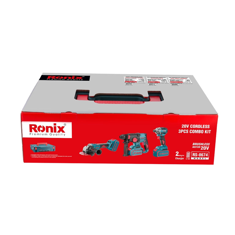 [RX-RS-8674] Ronix Akku-Kombiset 20 V (Schrauber, Bohrhammer und Mini-Winkelschleifer), 3-tei